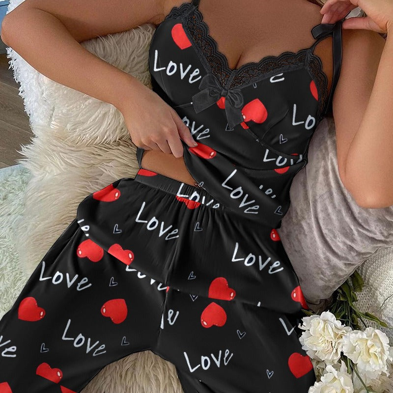 Women's Summer Casual Camisole Pajama Two-Piece Set With Lace, Can Be Worn Outside, Home Wear